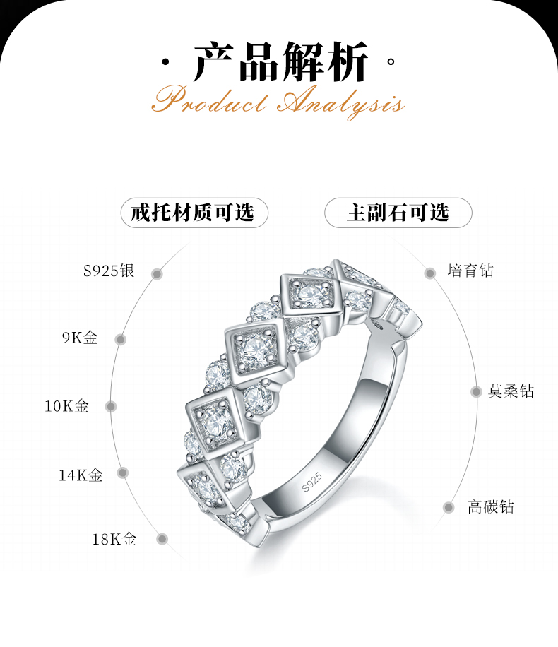 方格圆钻排戒女戒S925银镀白金定制选款副石莫桑钻0.97ct - 2