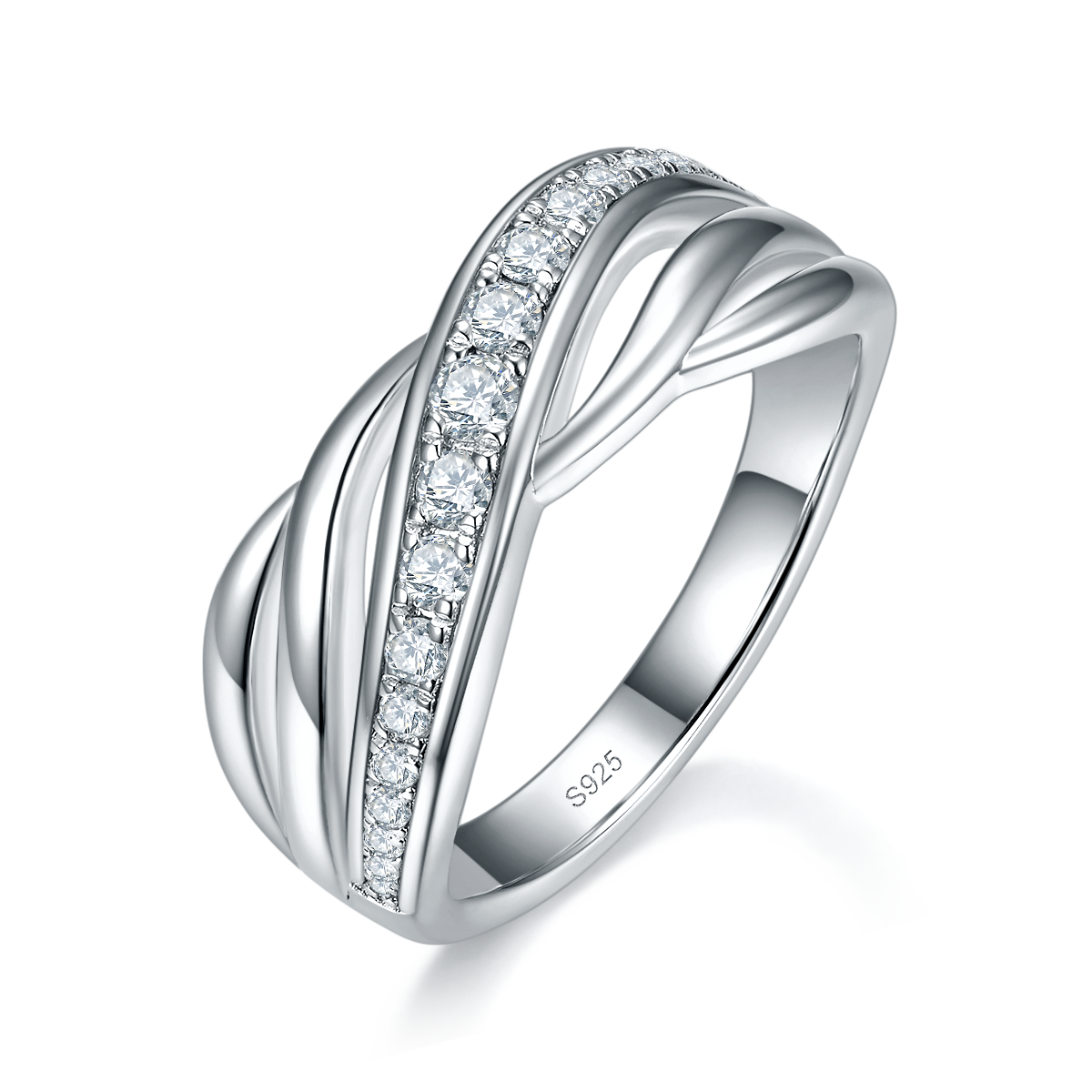Twisted diamond studded women's ring S925 silver plated white gold customized option Side Stone Moissanite 0.305ct