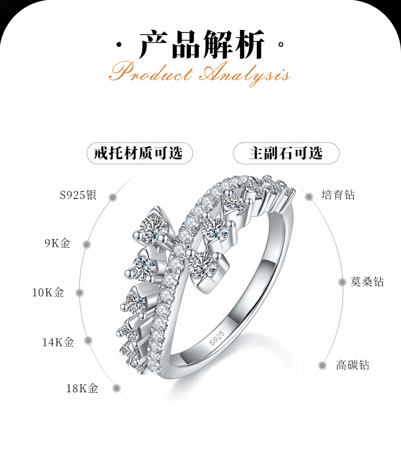 错位轻奢风女戒S925银镀白金定制选款莫桑钻0.62ct - 2