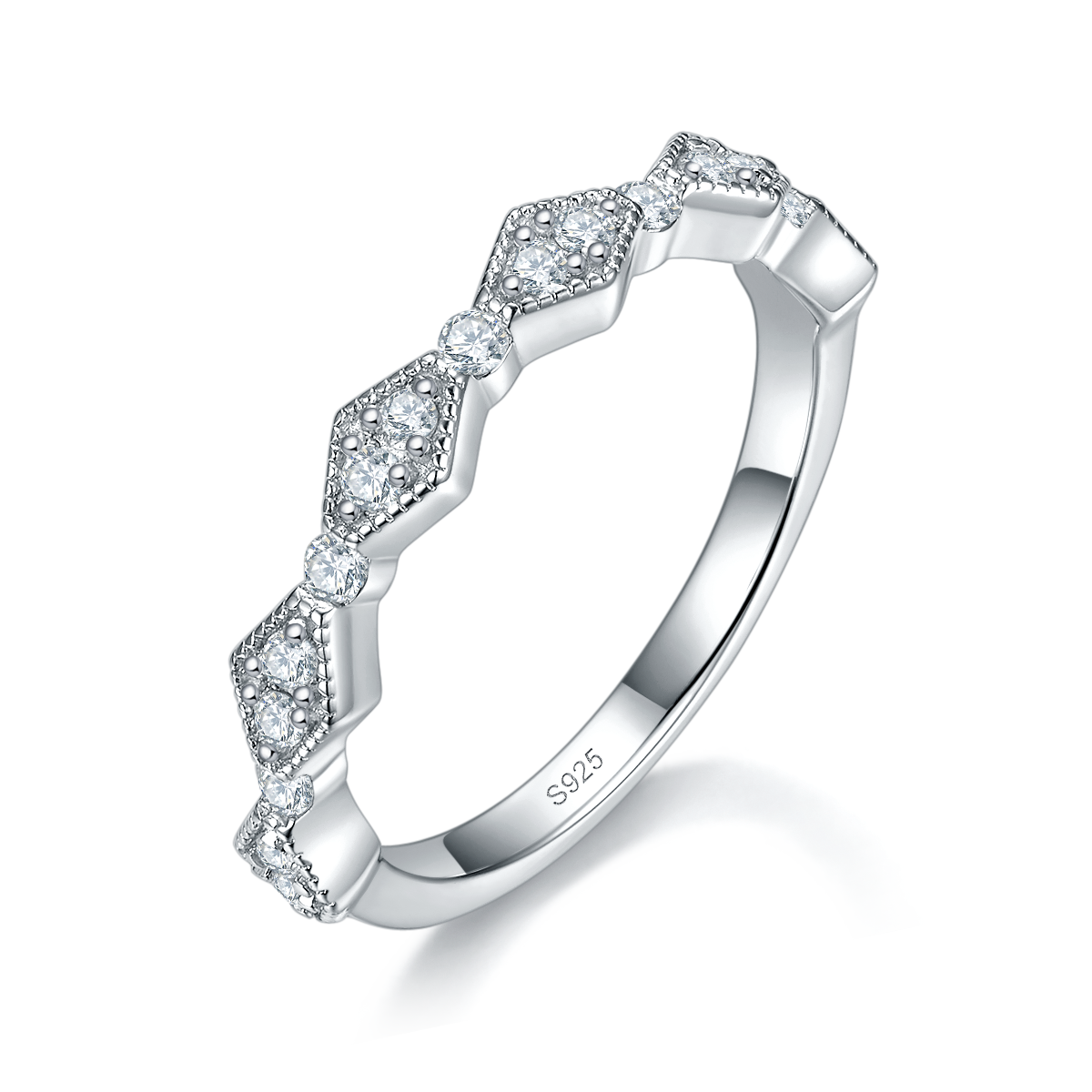 Geometric diamond studded diamond ring S925 silver plated platinum customized option Side Stone Moissanite 0.28ct