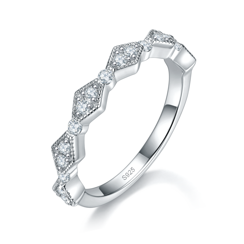 几何菱形镶钻排戒S925银镀白金定制选款副石Moissanite0.28ct
