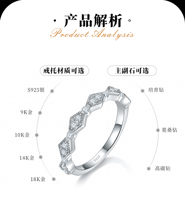 几何菱形镶钻排戒S925银镀白金定制选款副石莫桑钻0.28ct - 2
