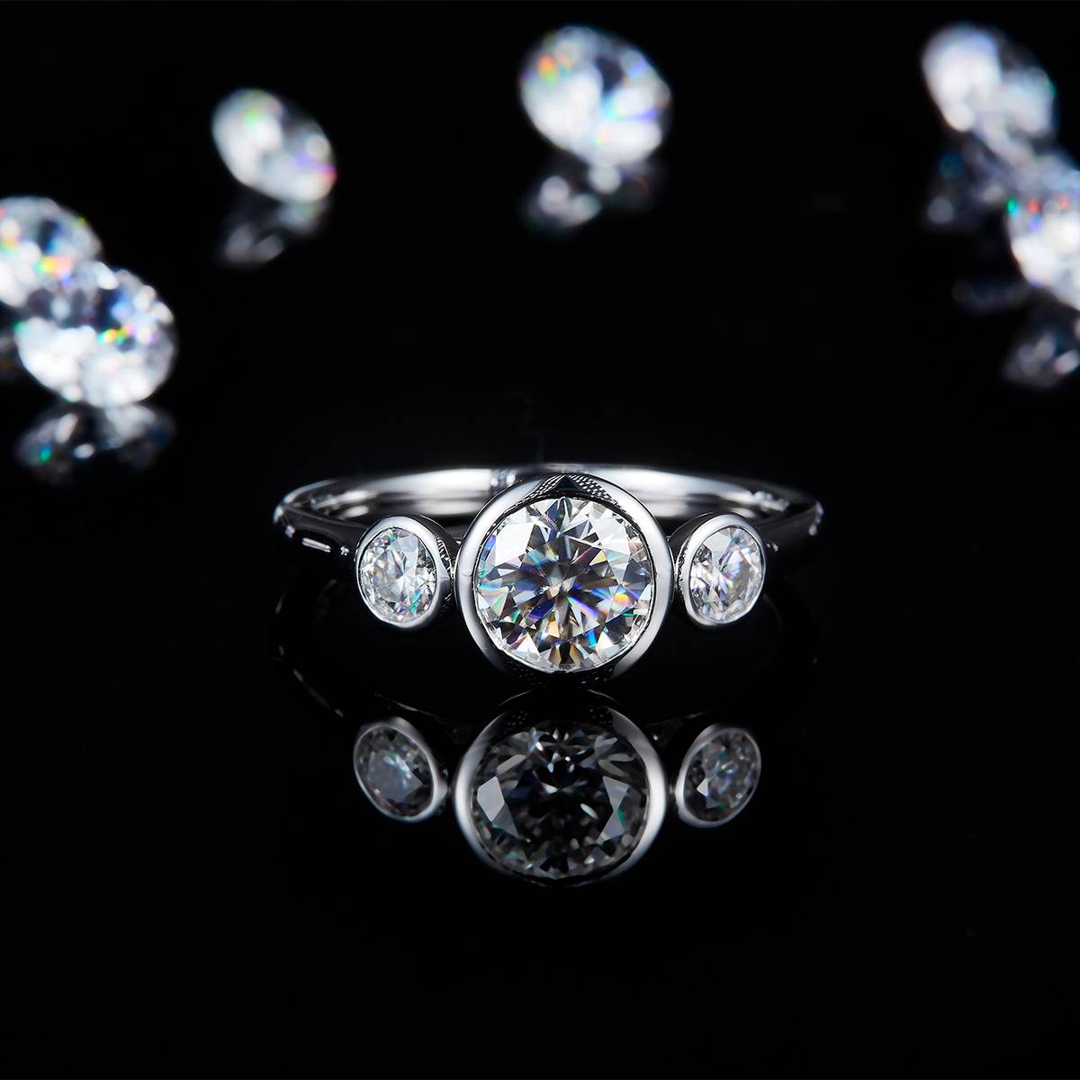 Three Stone Bubble Women's Ring S925 Silver Plated Platinum Customized Selection Main Side Stone Moissanite 1.0ct