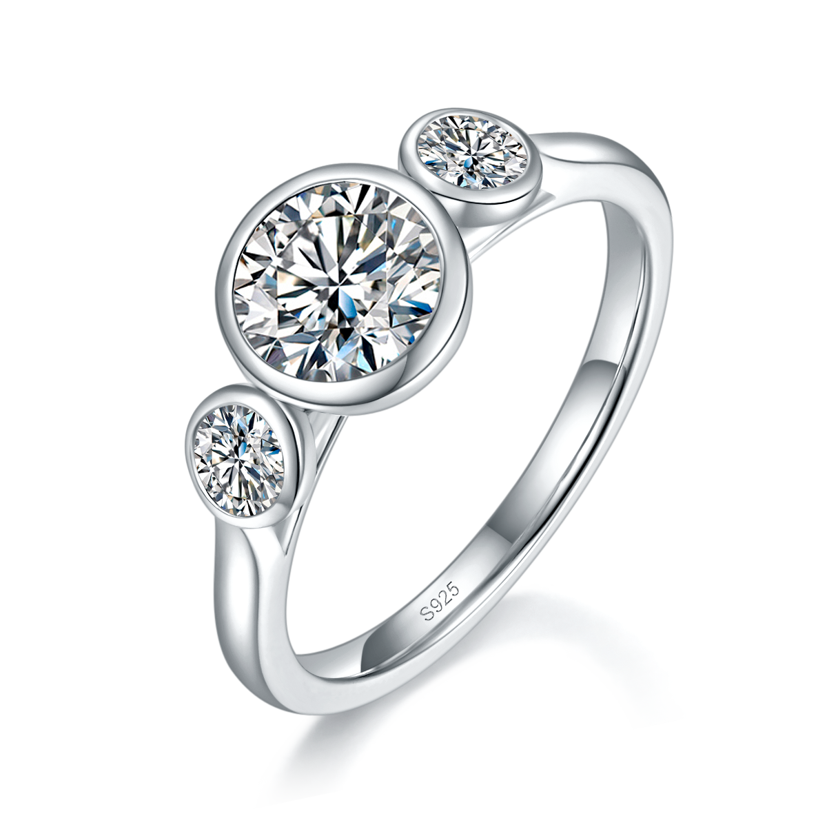 Three Stone Bubble Women's Ring S925 Silver Plated Platinum Customized Selection Main Side Stone Moissanite 1.0ct