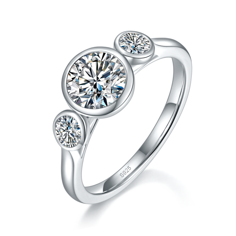 三石款水泡Women's RingS925银镀白金定制选款主副石Moissanite1.0ct