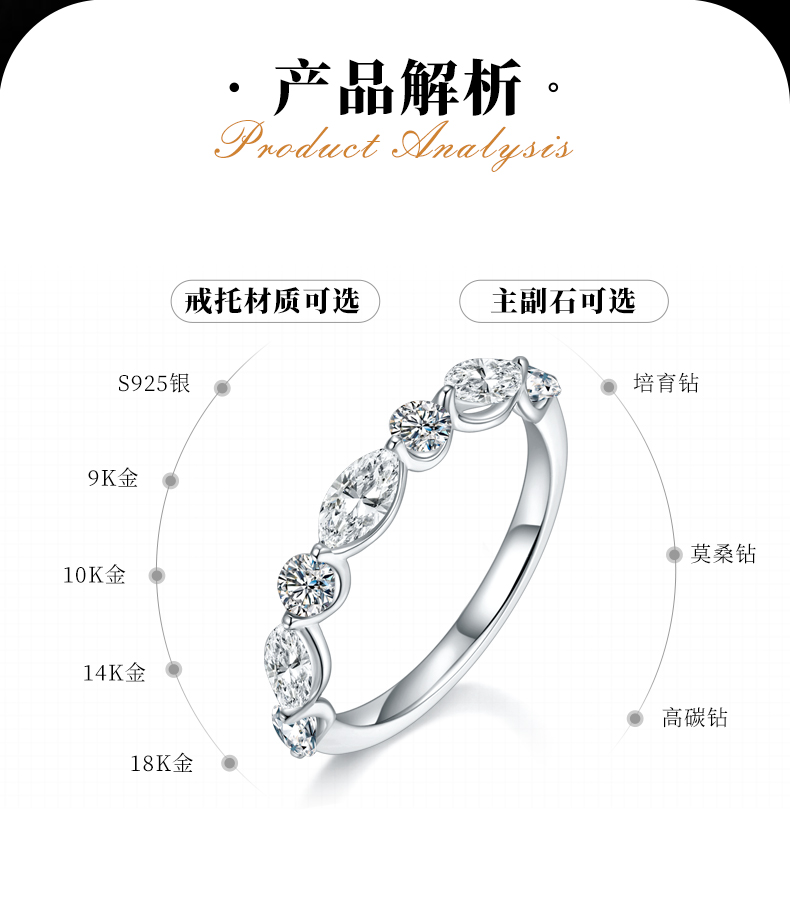 异性钻小排戒S925银镀白金定制女戒选款副石莫桑钻1.3ct - 2
