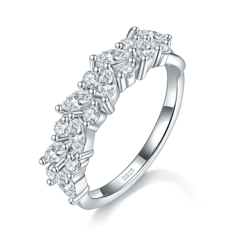 马眼钻拼镶圆钻排戒S925银镀白金定制选款副石莫桑钻1.04ct