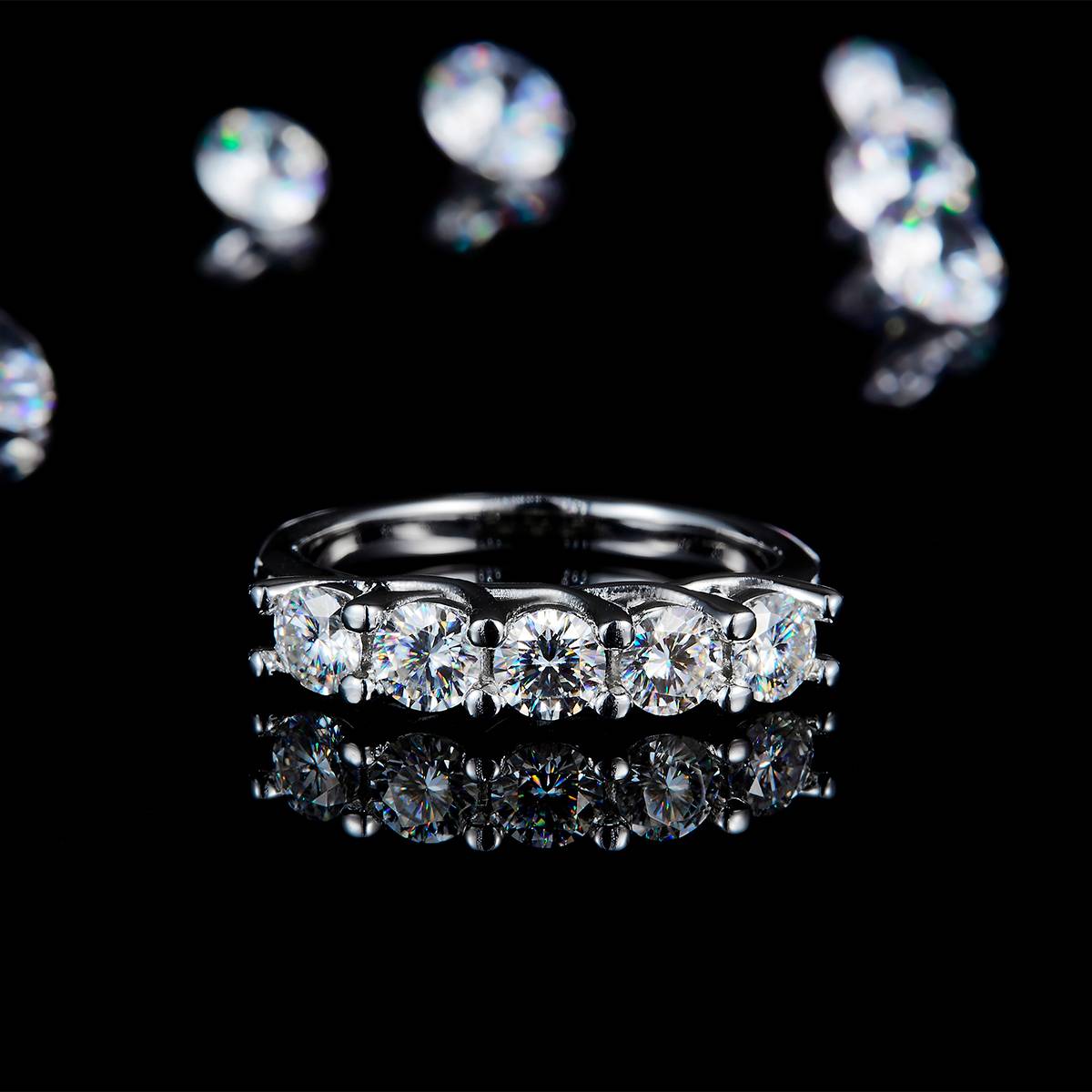 五石款排戒S925银镀白金定制选款副石莫桑钻1.5ct
