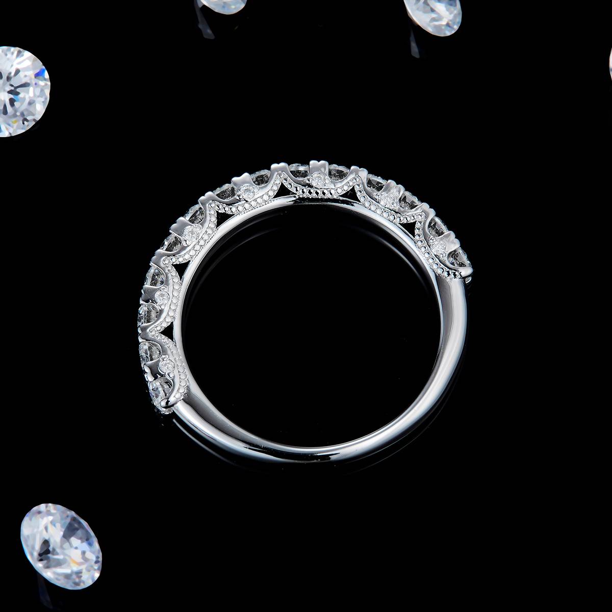 豪华群镶半圈碎钻排戒S925银镀白金定制选款副石莫桑钻0.154ct