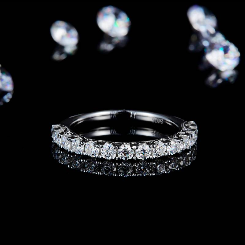 豪华群镶半圈碎钻排戒S925银镀白金定制选款副石Moissanite0.154ct