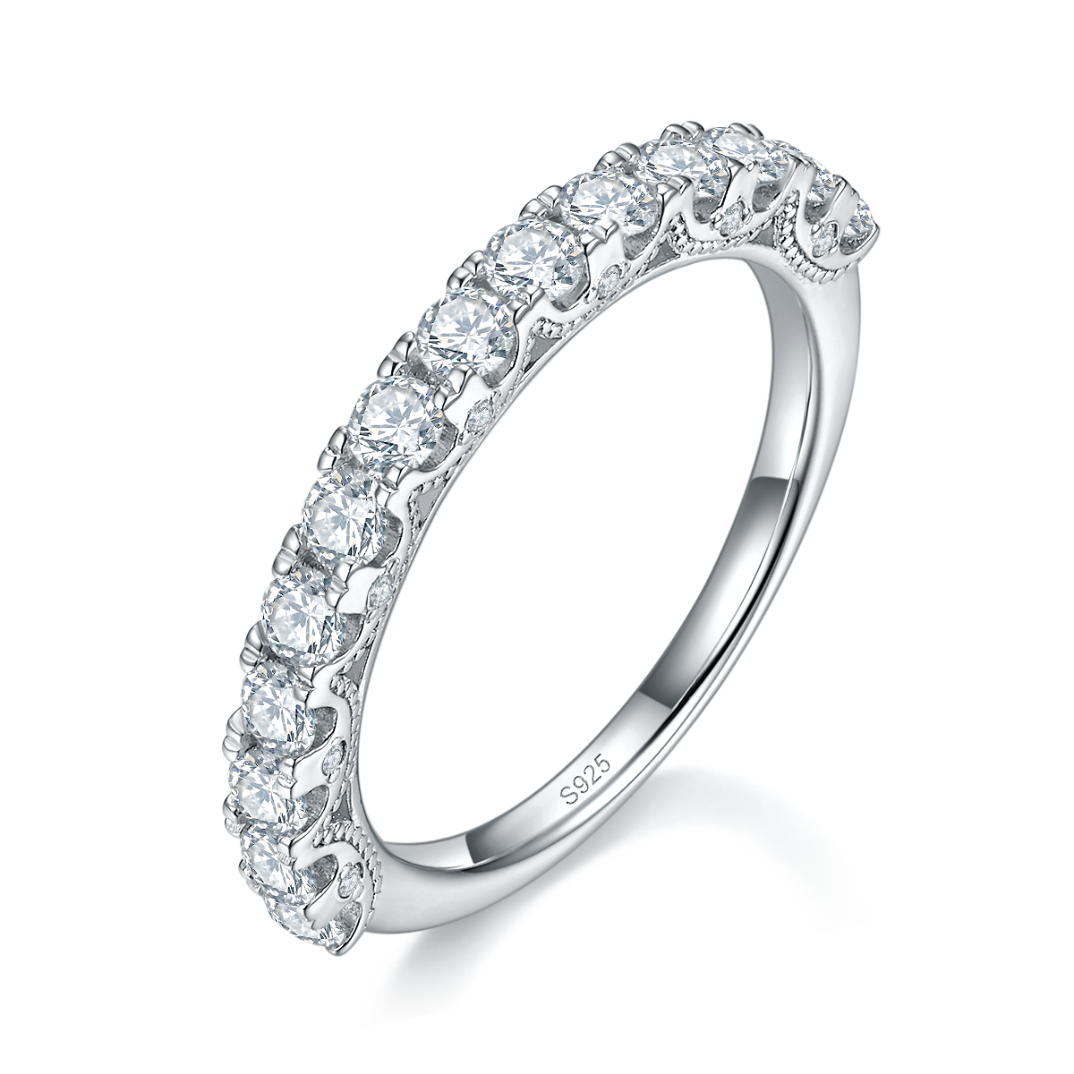 豪华群镶半圈碎钻排戒S925银镀白金定制选款副石莫桑钻0.154ct