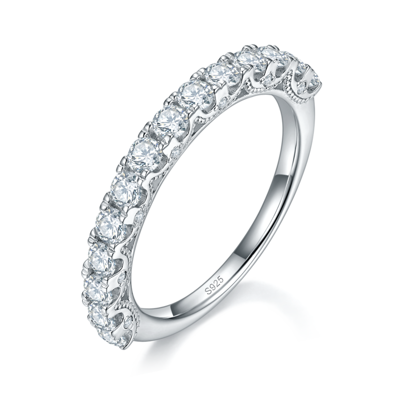 豪华群镶半圈碎钻排戒S925银镀白金定制选款副石Moissanite0.154ct