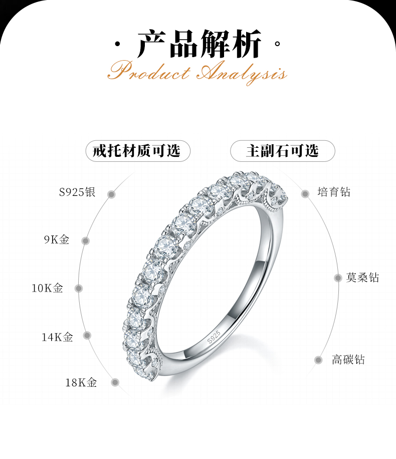 豪华群镶半圈碎钻排戒S925银镀白金定制选款副石莫桑钻0.154ct - 2