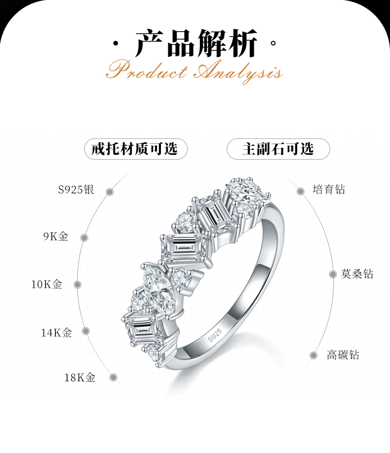 高级感异形钻拼镶排戒S925银镀白金定制选款副石莫桑钻1.89ct - 2