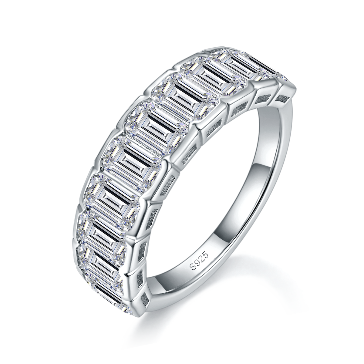 Emerald Cutting Half Circle Ring S925 Silver Plated Platinum Customized Selection Side Stone Moissanite 5.0ct