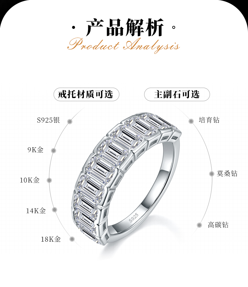 祖母绿切割半圈排戒S925银镀白金定制选款副石莫桑钻5.0ct - 2