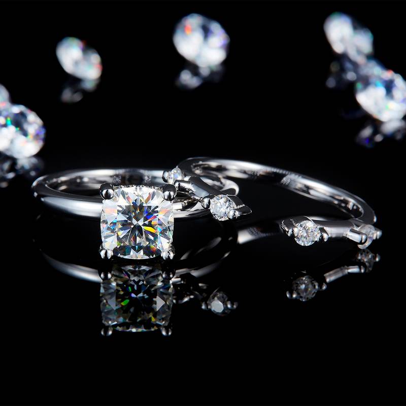 枕形钻主副套戒S925银镀白金定制选款主副石Moissanite2.0ct