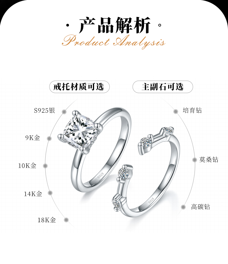 枕形钻主副套戒S925银镀白金定制选款主副石莫桑钻2.0ct - 2