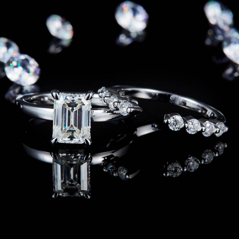 祖母绿切割主副套戒S925银镀白金定制选款主副石莫桑钻2.0ct