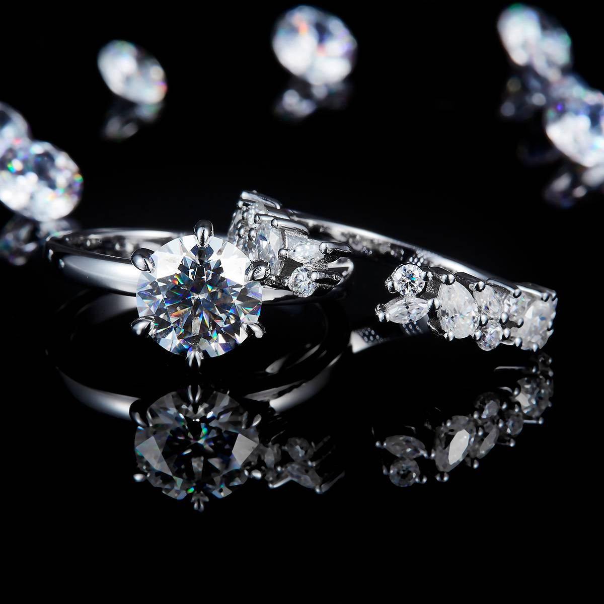圆钻六爪主副套戒S925银镀白金定制选款主副石莫桑钻2.0ct
