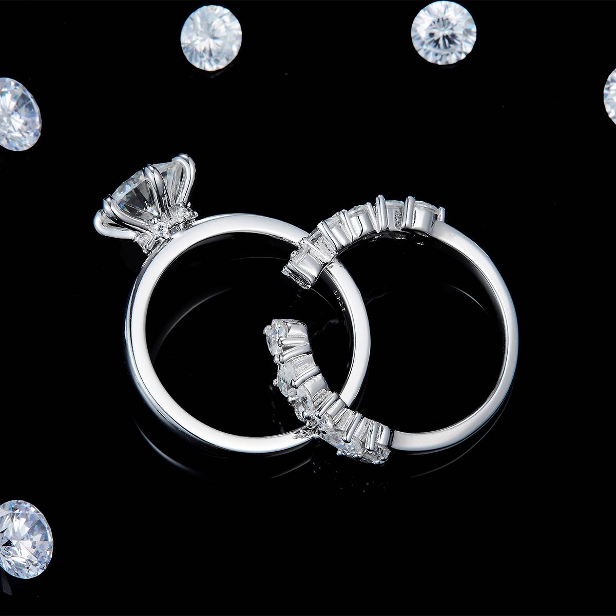 圆钻六爪主副套戒S925银镀白金定制选款主副石莫桑钻2.0ct
