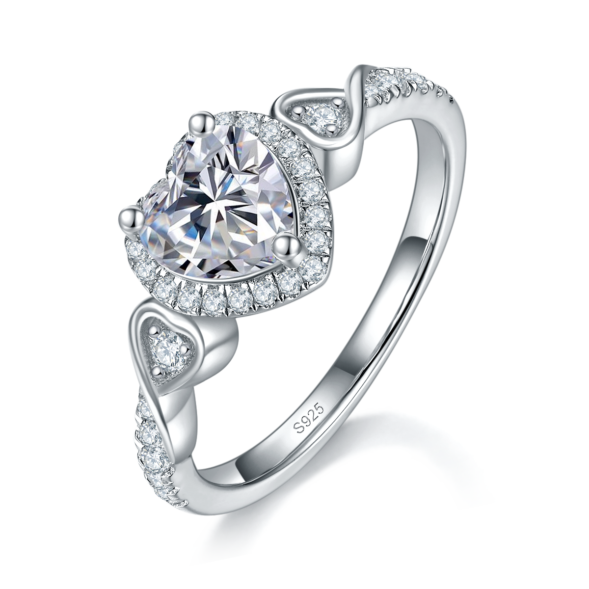 心形钻女戒S925银镀白金定制选款主石莫桑钻1.0ct/副石高碳钻
