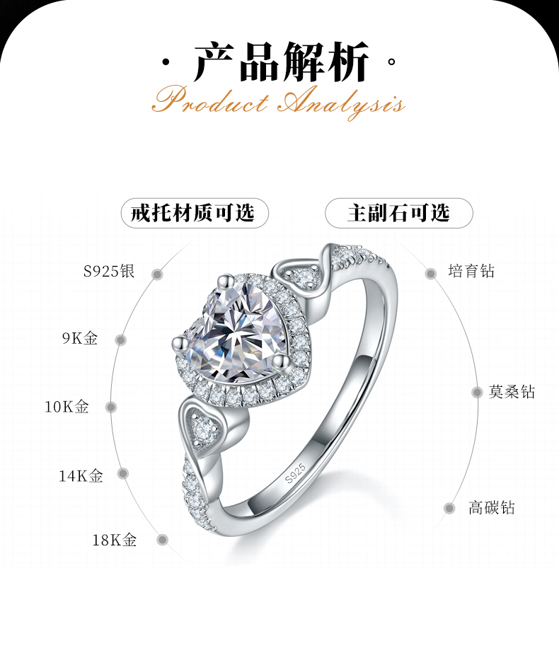 心形钻女戒S925银镀白金定制选款主石莫桑钻1.0ct/副石高碳钻 - 2