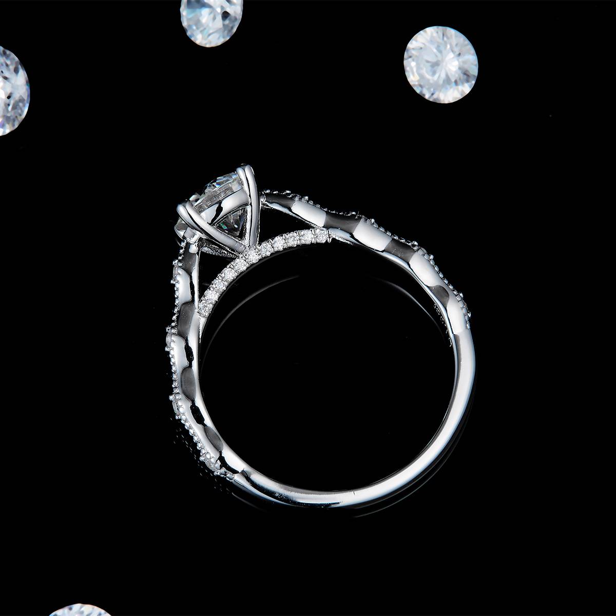 单头女戒S925银镀白金定制选款主石莫桑钻1.0ct/副石高碳钻