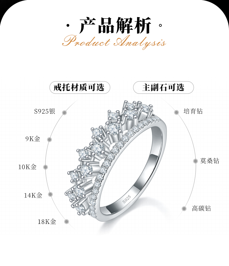精致镂空双层排钻女戒S925银镀白金定制选款副石莫桑钻0.57ct - 2