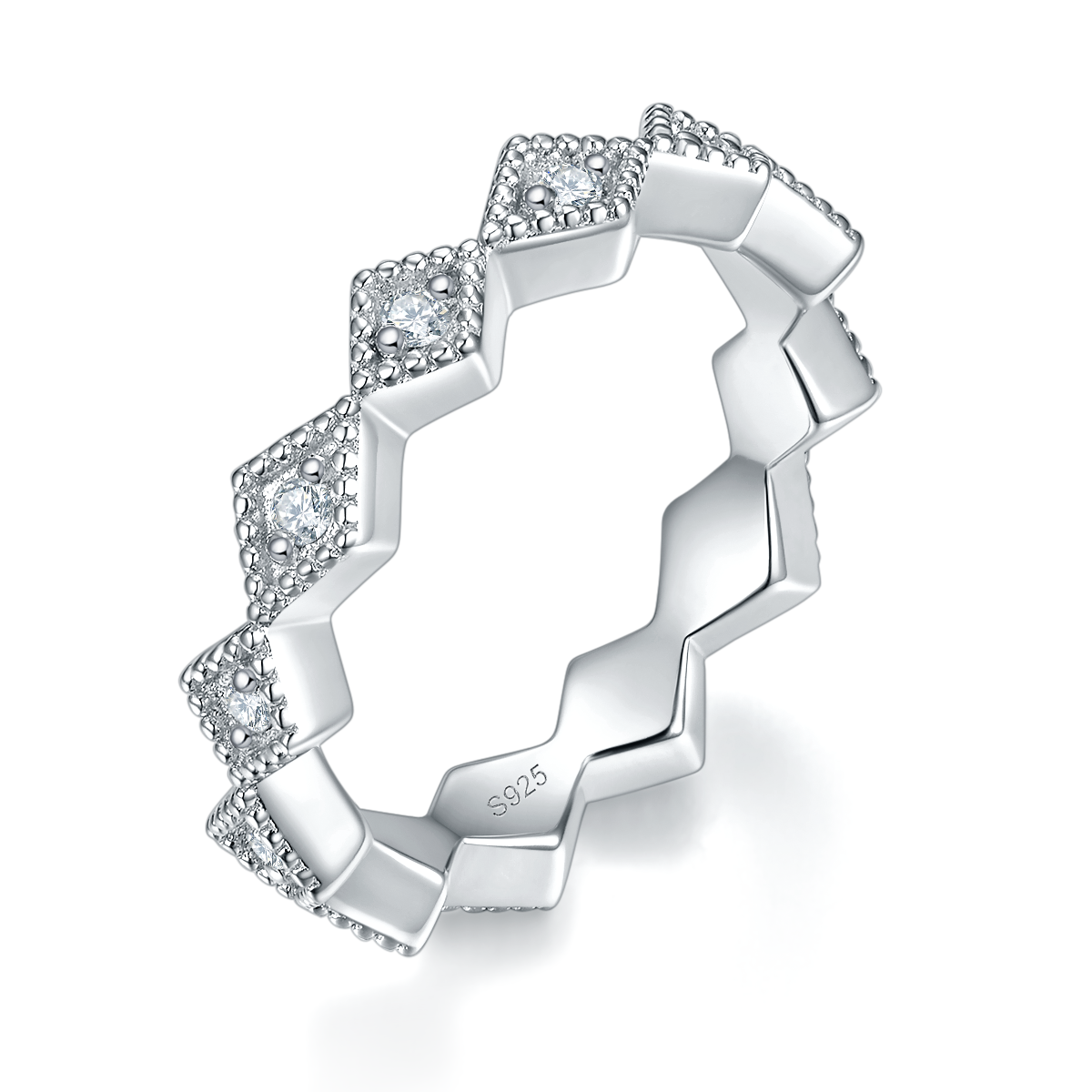 细款个性百搭排戒S925银镀白金定制选款副石莫桑钻0.21ct