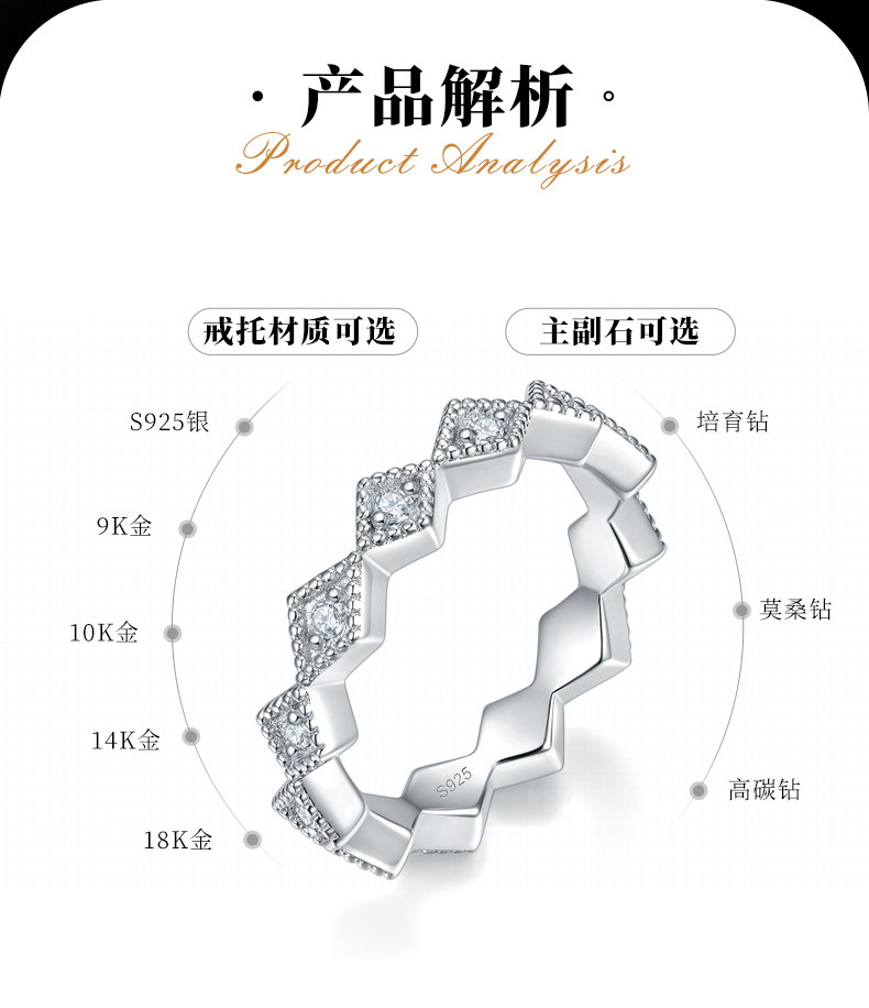细款个性百搭排戒S925银镀白金定制选款副石莫桑钻0.21ct - 2