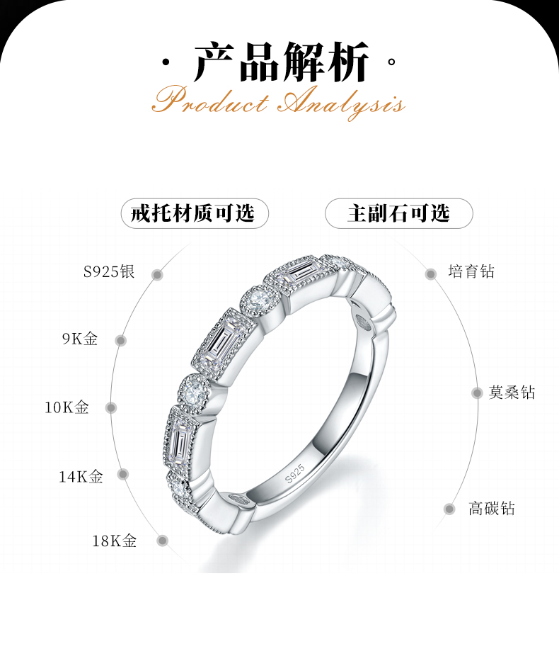 方圆钻拼镶排戒S925银镀白金定制选款副石莫桑钻1.18ct - 2
