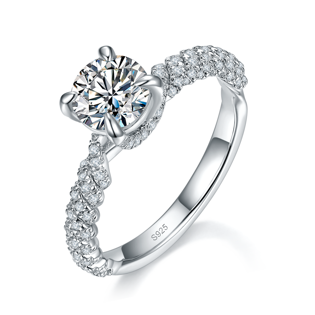豪镶四爪求婚女戒S925银镀白金定制选款主石莫桑钻1.0ct/副石高碳钻