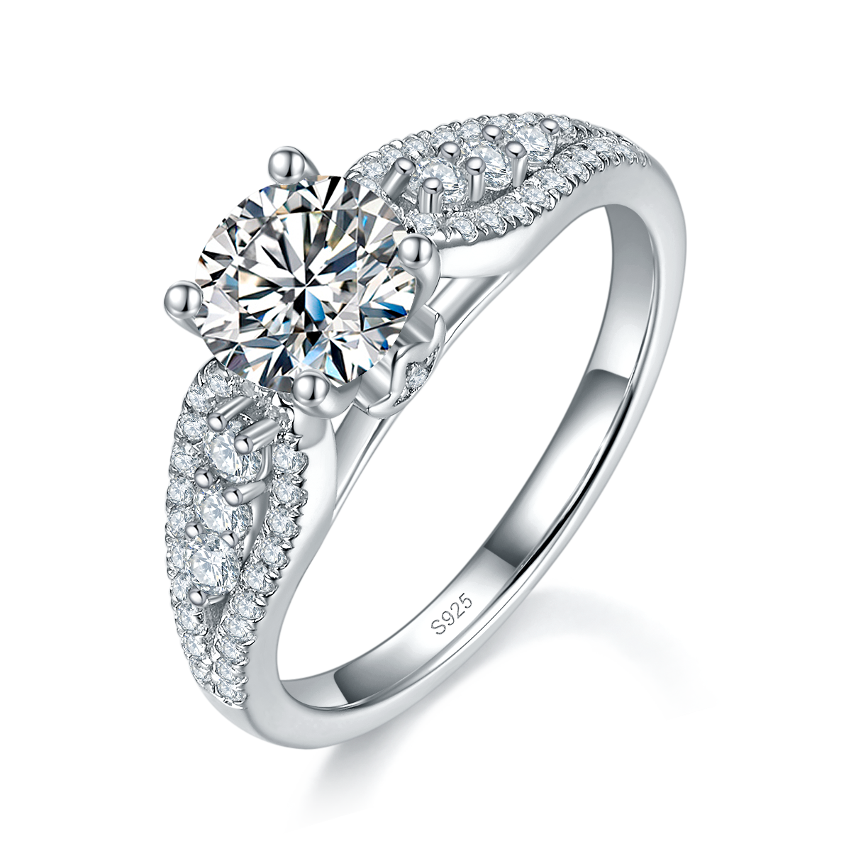 Women's ring S925 silver plated platinum custom selection, main stone Moissanite 1.0ct/Side Stone Cubic Zirconia