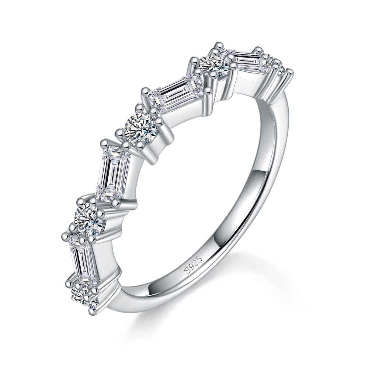 不规则拼镶排戒S925银镀白金定制选款副石莫桑钻1.1ct