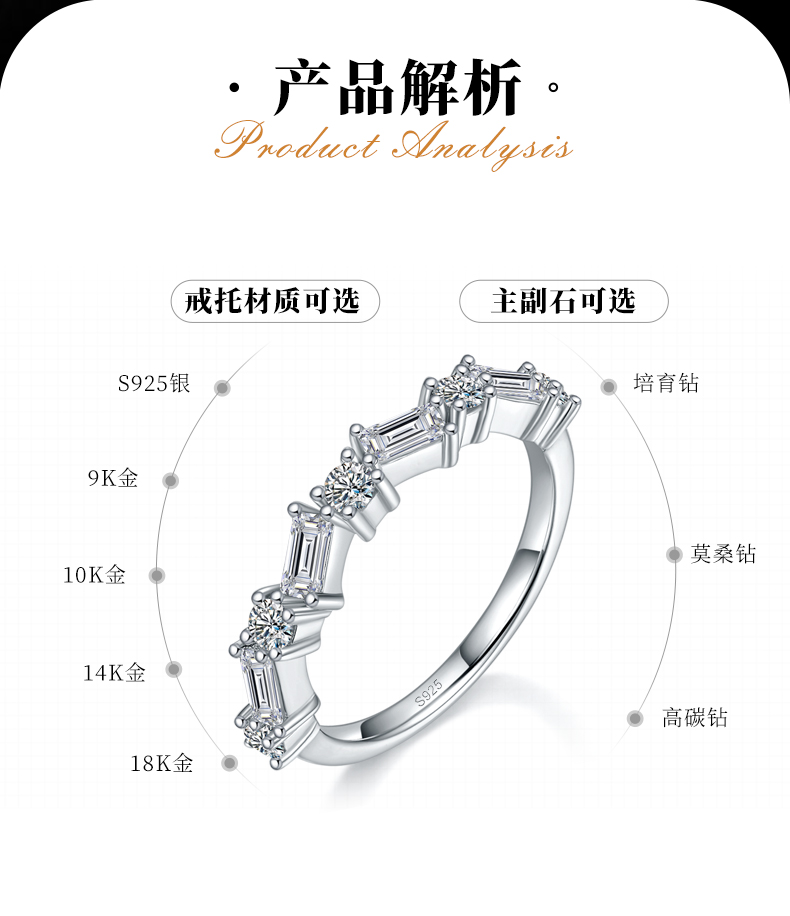 不规则拼镶排戒S925银镀白金定制选款副石莫桑钻1.1ct - 2