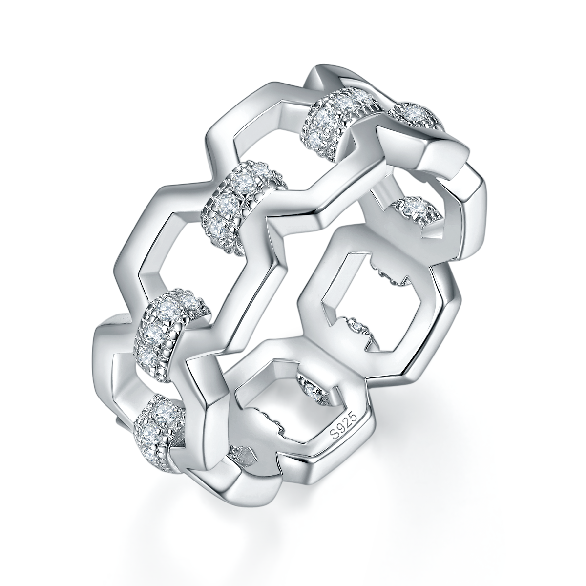 链条式排戒S925银镀白金定制选款莫桑钻0.384ct