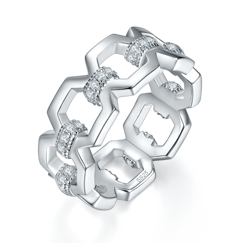链条式排戒S925银镀白金定制选款Moissanite0.384ct
