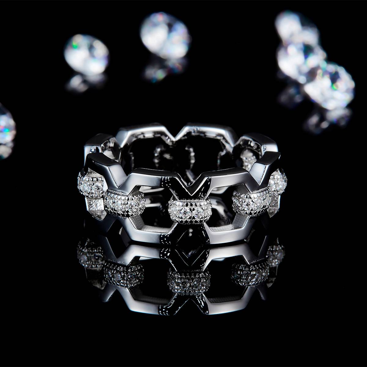 链条式排戒S925银镀白金定制选款莫桑钻0.384ct