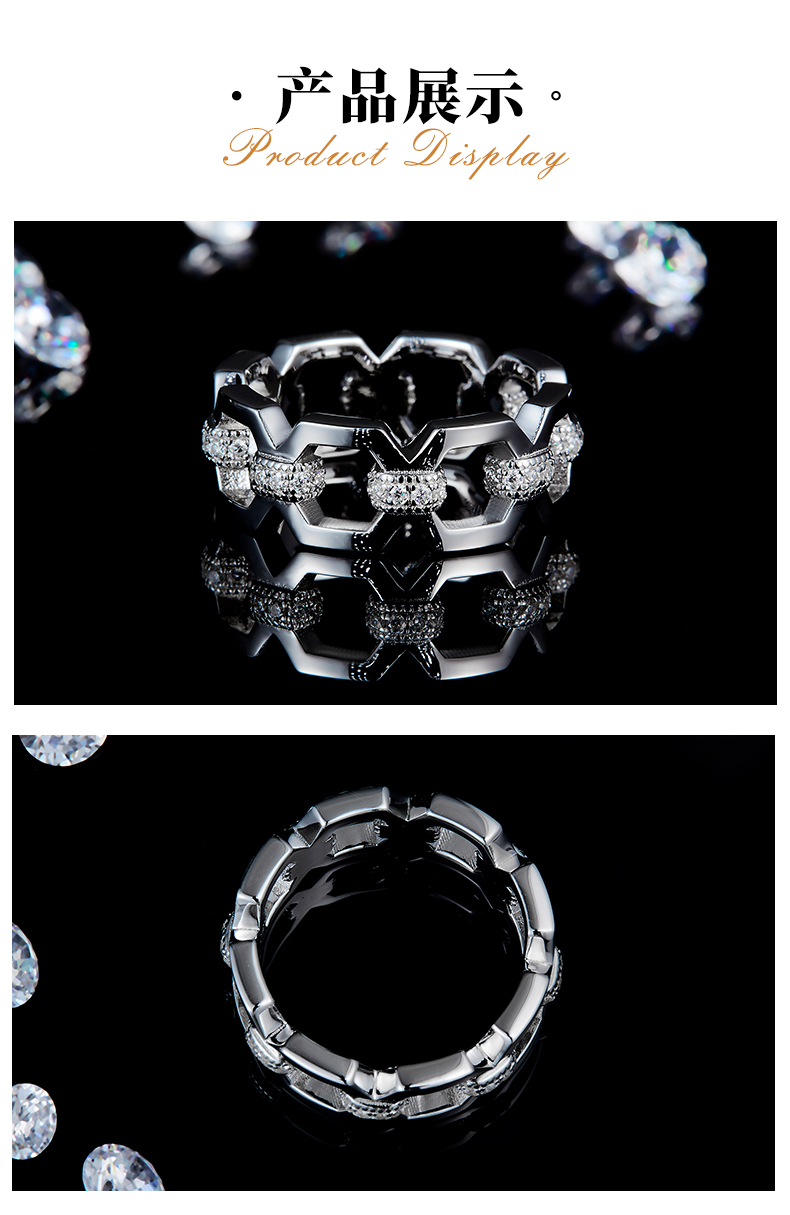 链条式排戒S925银镀白金定制选款莫桑钻0.384ct - 3