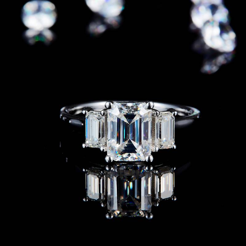 三石款方钻Women's RingS925银镀白金定制选款主副石Moissanite2.0ct