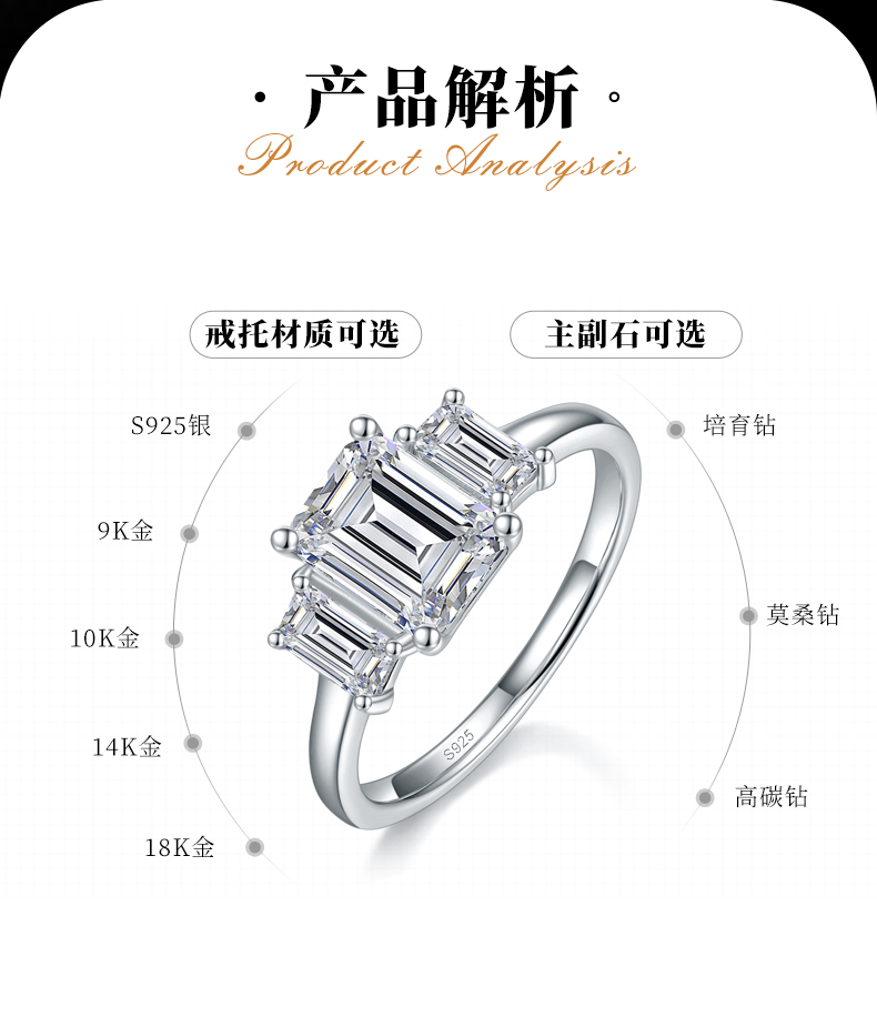 三石款方钻女戒S925银镀白金定制选款主副石莫桑钻2.0ct - 2