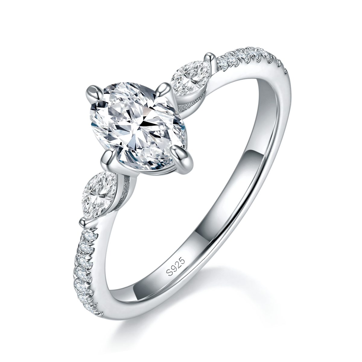 三石款蛋形钻S925银镀白金定制选款主石莫桑钻1.0ct/副石高碳钻