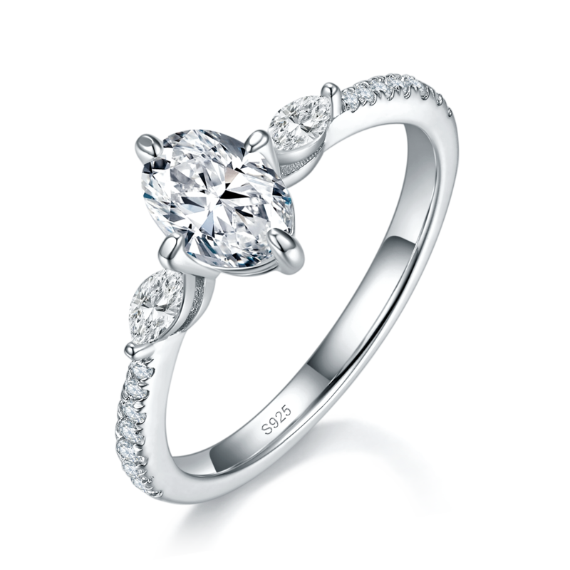 三石款蛋形钻S925银镀白金定制选款主石莫桑钻1.0ct/副石高碳钻