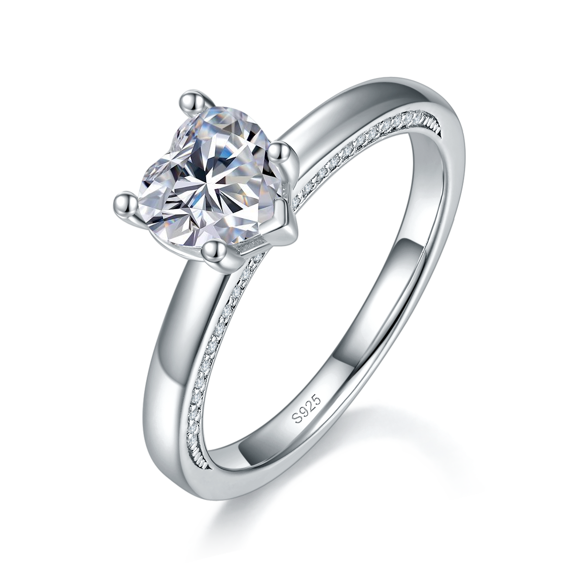 心形钻女戒S925银镀白金定制选款主石莫桑钻1.0ct/副石高碳钻