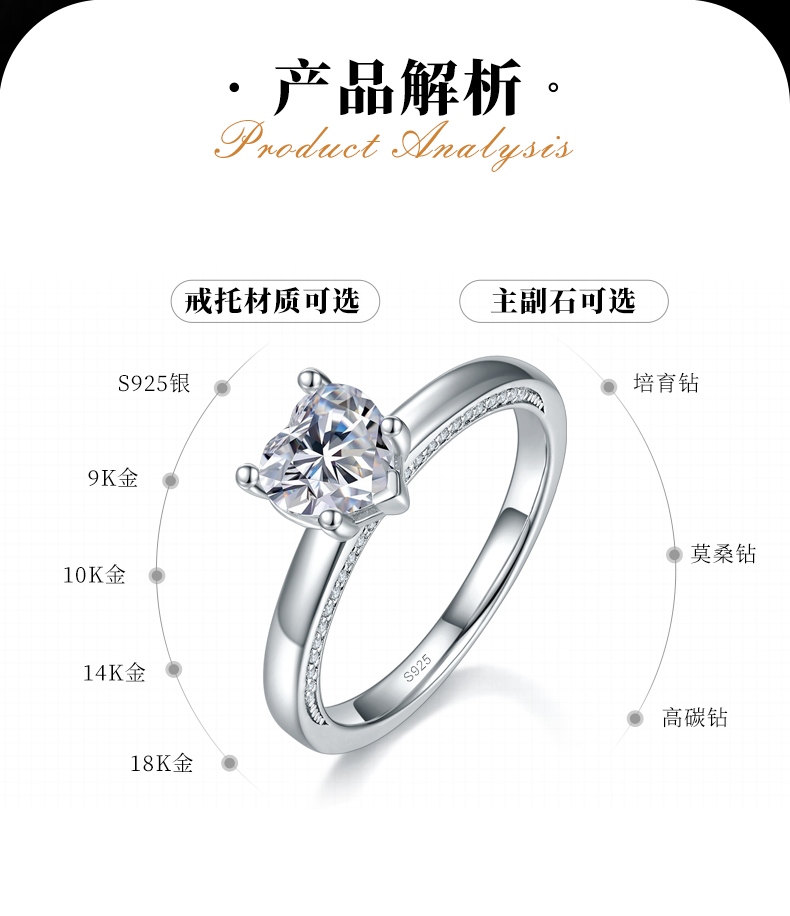 心形钻女戒S925银镀白金定制选款主石莫桑钻1.0ct/副石高碳钻 - 2