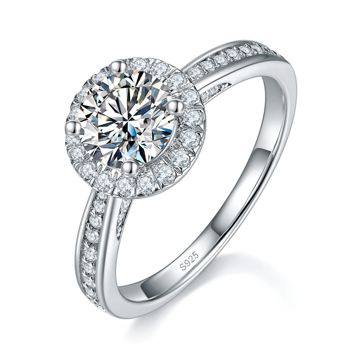 轻奢圆包女戒S925银镀白金定制选款主石莫桑钻1.0ct/副石高碳钻
