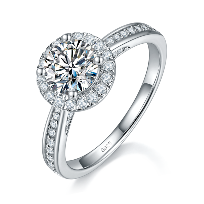 轻奢圆包女戒S925银镀白金定制选款主石莫桑钻1.0ct/副石高碳钻