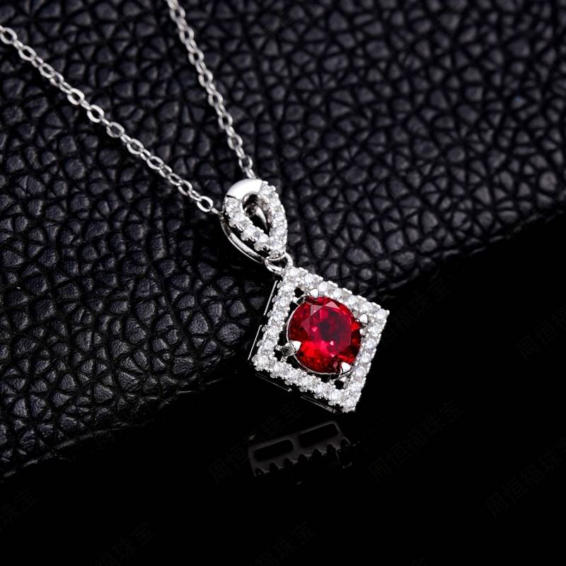 P5520R款S925银镀18K白金培育彩宝Necklace主石6.5mm