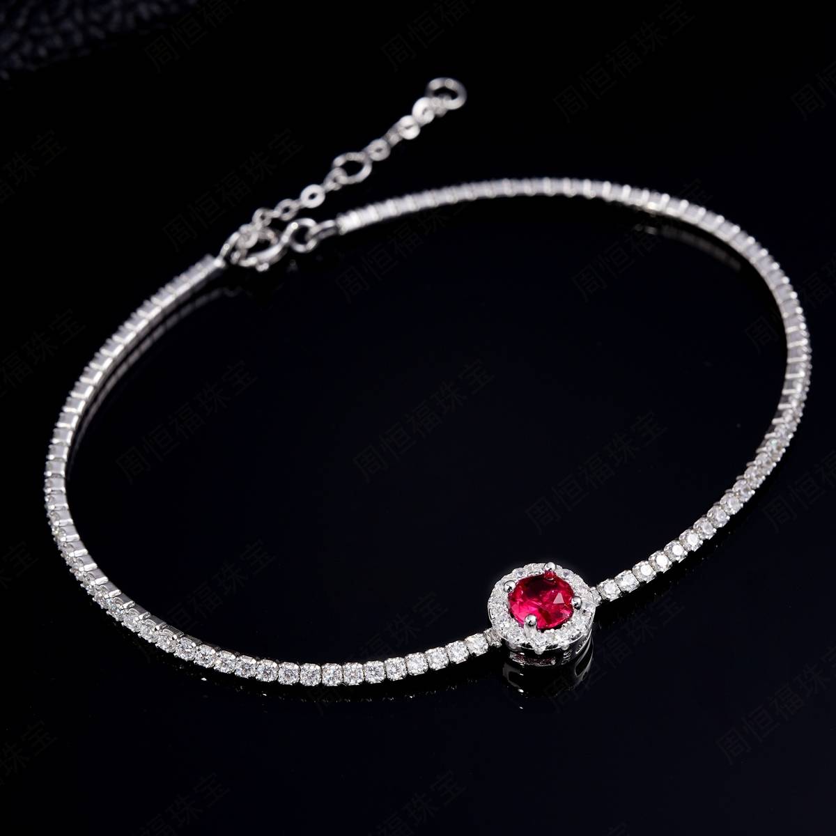 L1725款S925银镀18K白金圆形培育彩宝Bracelet主石5.0mm